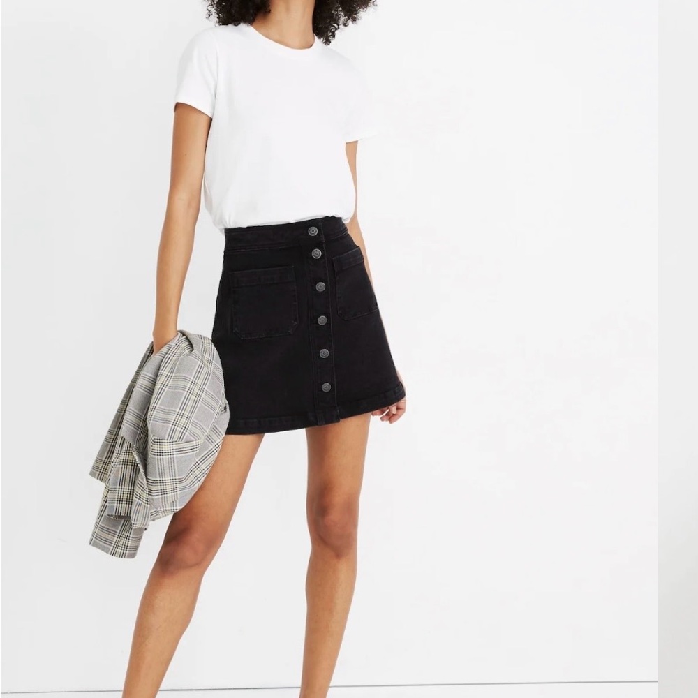 Madewell Stretch Denim Mini Skirt Black Patch Pocket Sz 2 Dark Academia 70's